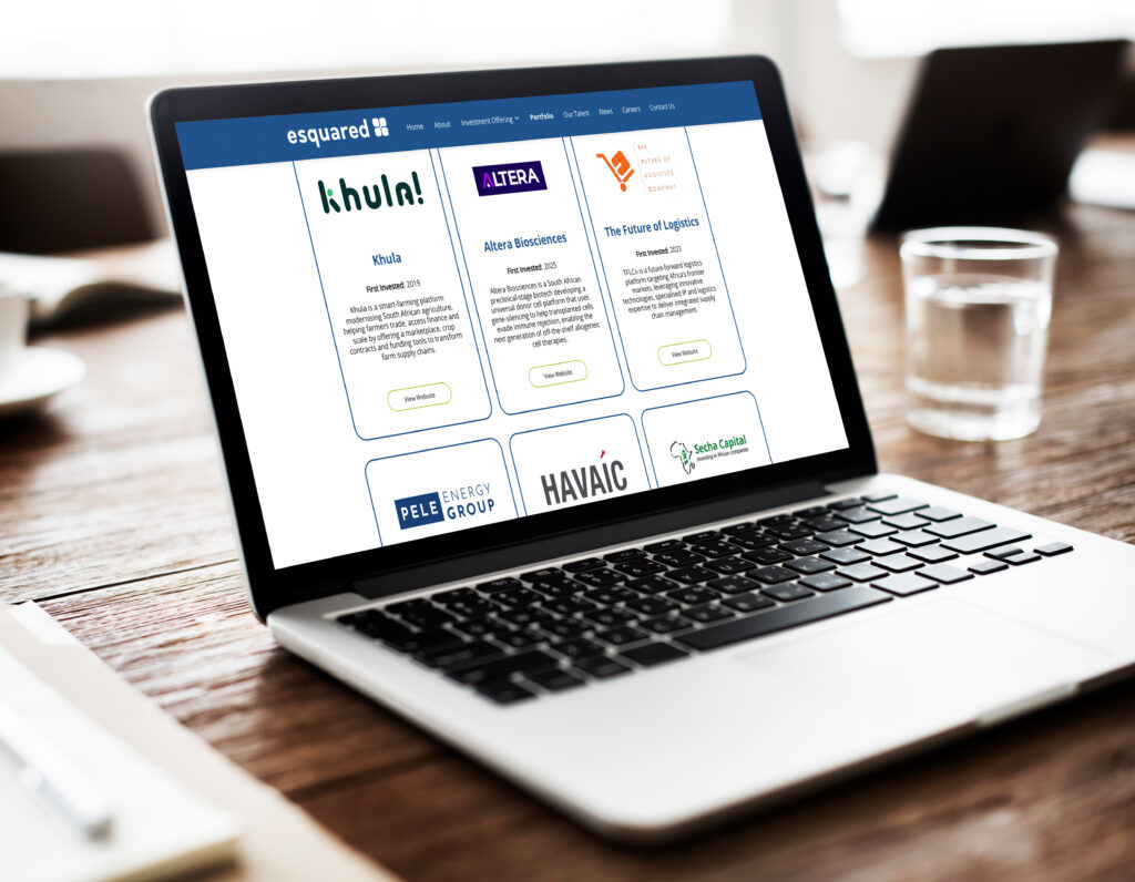 Laptop screen showing a portfolio grid with company logos and summaries on a blue header site header area.