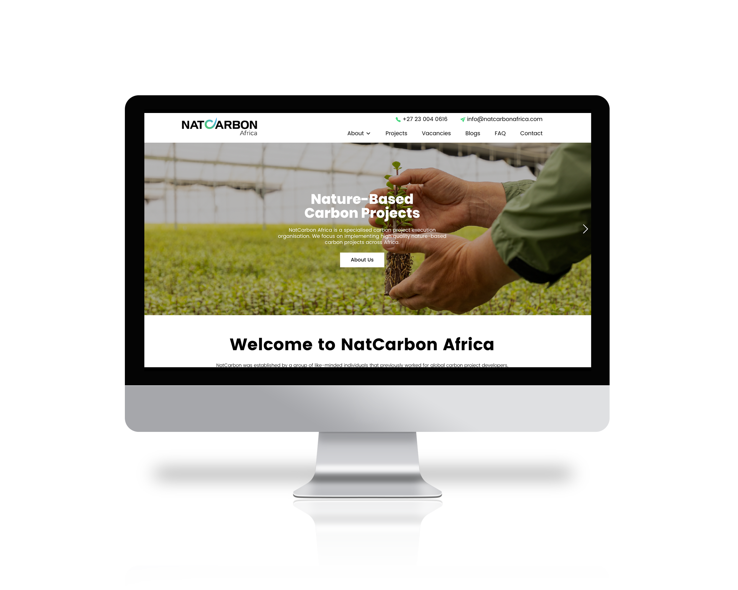 Hands planting a small seedling in a field with the banner text "Nature-Based Carbon Projects" overlaid in white.