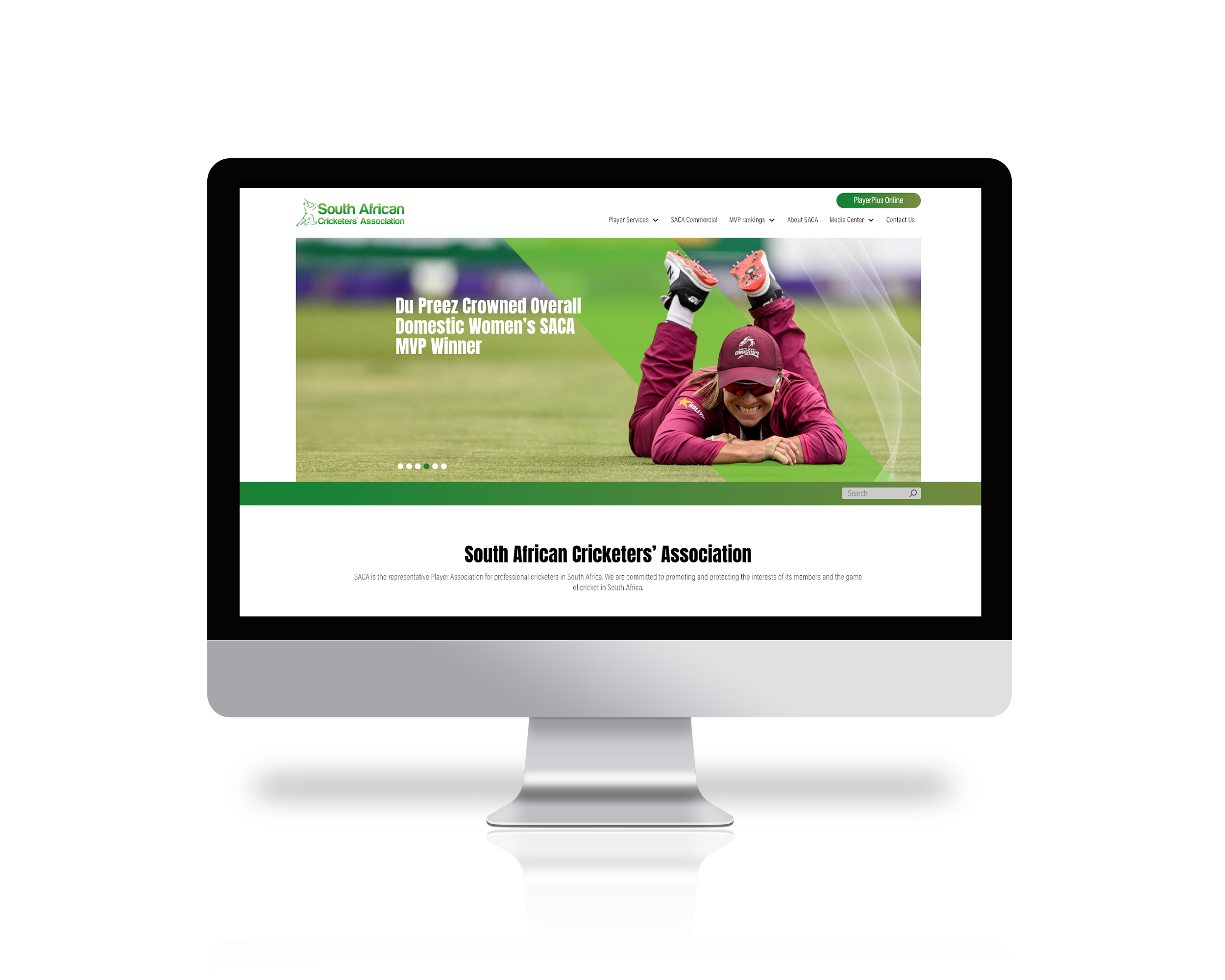 Hero banner showing a female cricketer diving on a green field; headline reads 'Du Preez Crowned Overall Domestic Women’s SACA MVP Winner'