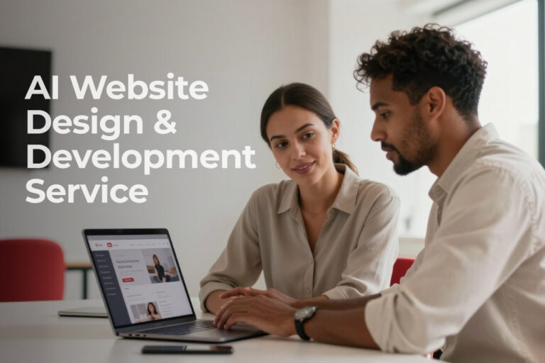 Designer and business owner reviewing an AI-generated website design together