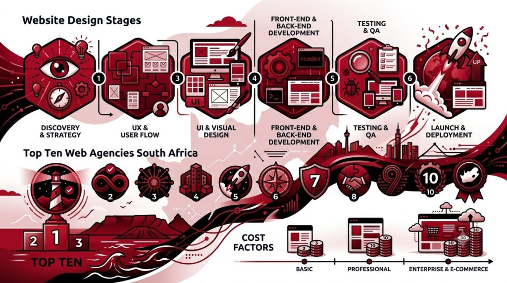 infographic highlighting the website design stages for an article about 'how much does a website cost in south africa 2026'