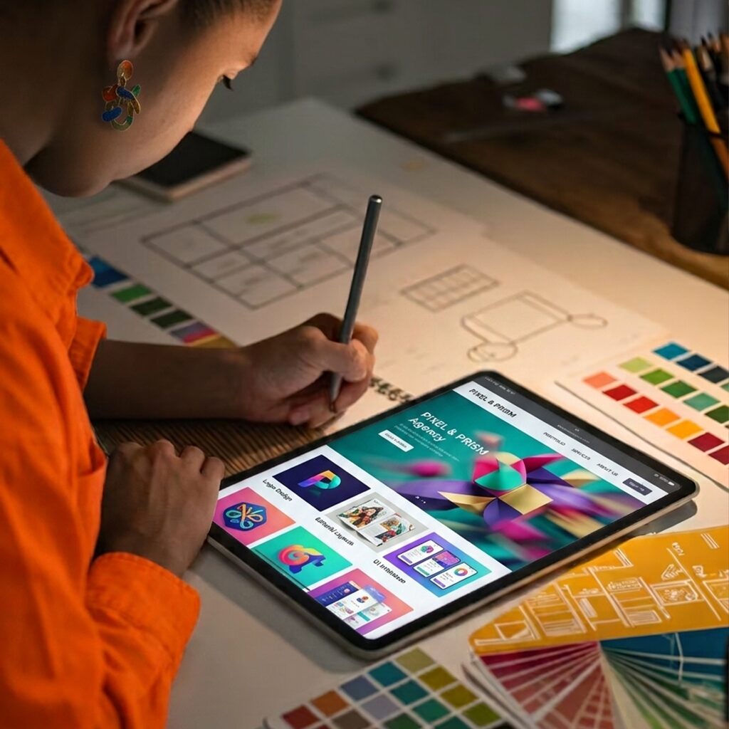 known design ai website design and development support in UK. Graphic designer on her tablet with design tools and colour swatches on the desk surface