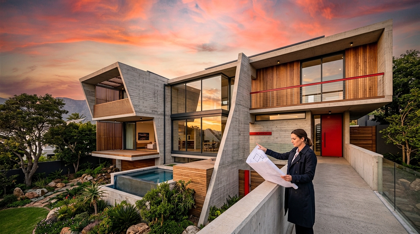 Photo-realistic architectural photograph of a striking modern South African residential building at golden hour, dramatic low-angle wide shot. Bold geometric concrete and glass facade with cantilevered volumes, warm natural timber cladding accents, floor-to-ceiling glazing reflecting a vivid orange-and-pink sunset sky.