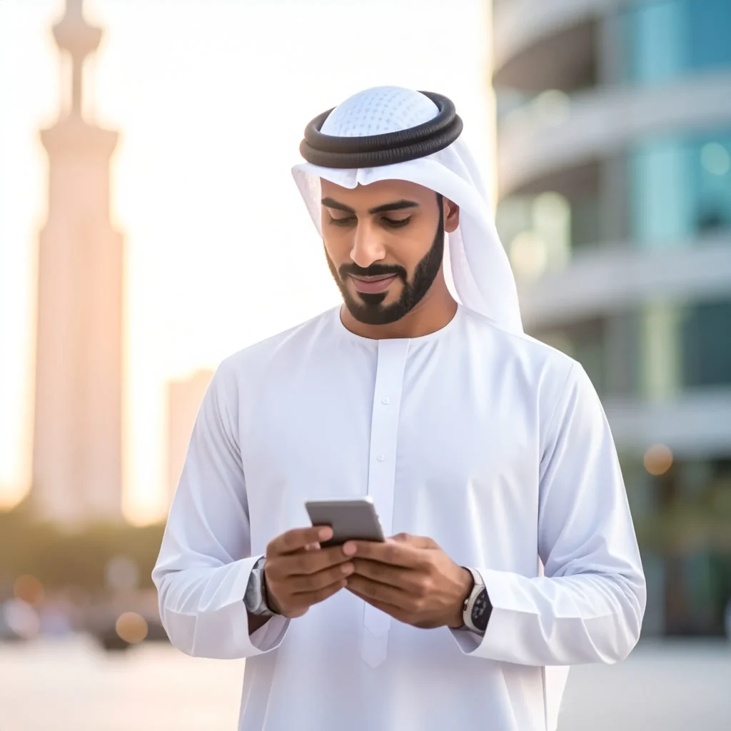 Man in a white kandura and ghutra browsing on his smartphone in a sunlit Gulf city street