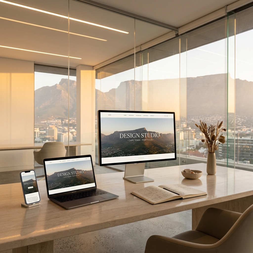Premium website shown on desktop, laptop and mobile in a minimalist Cape Town design studio overlooking Table Mountain – KNOWN Design