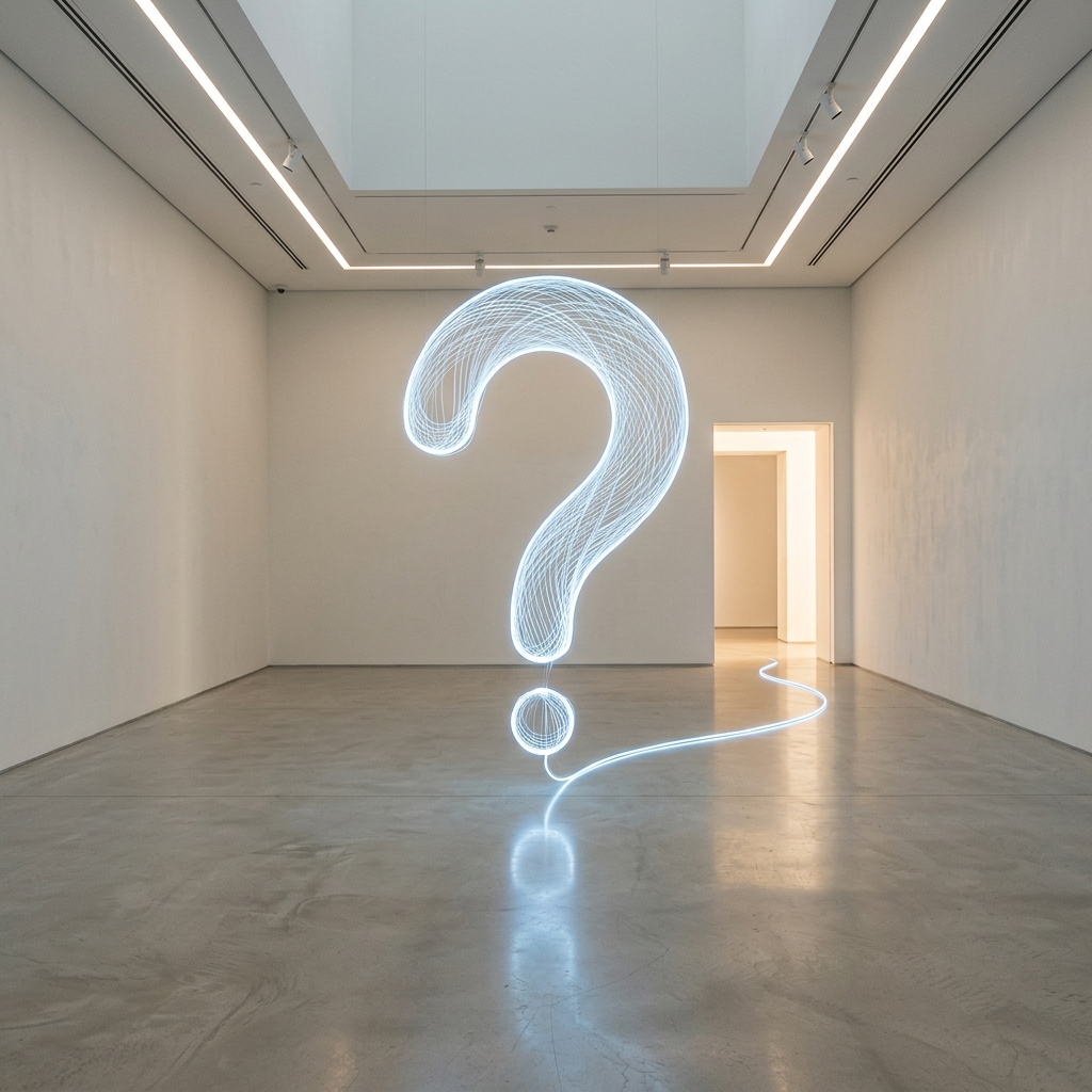 Glowing question mark sculpture in a minimalist gallery, illustrating FAQs about premium website design by KNOWN Design, Cape Town