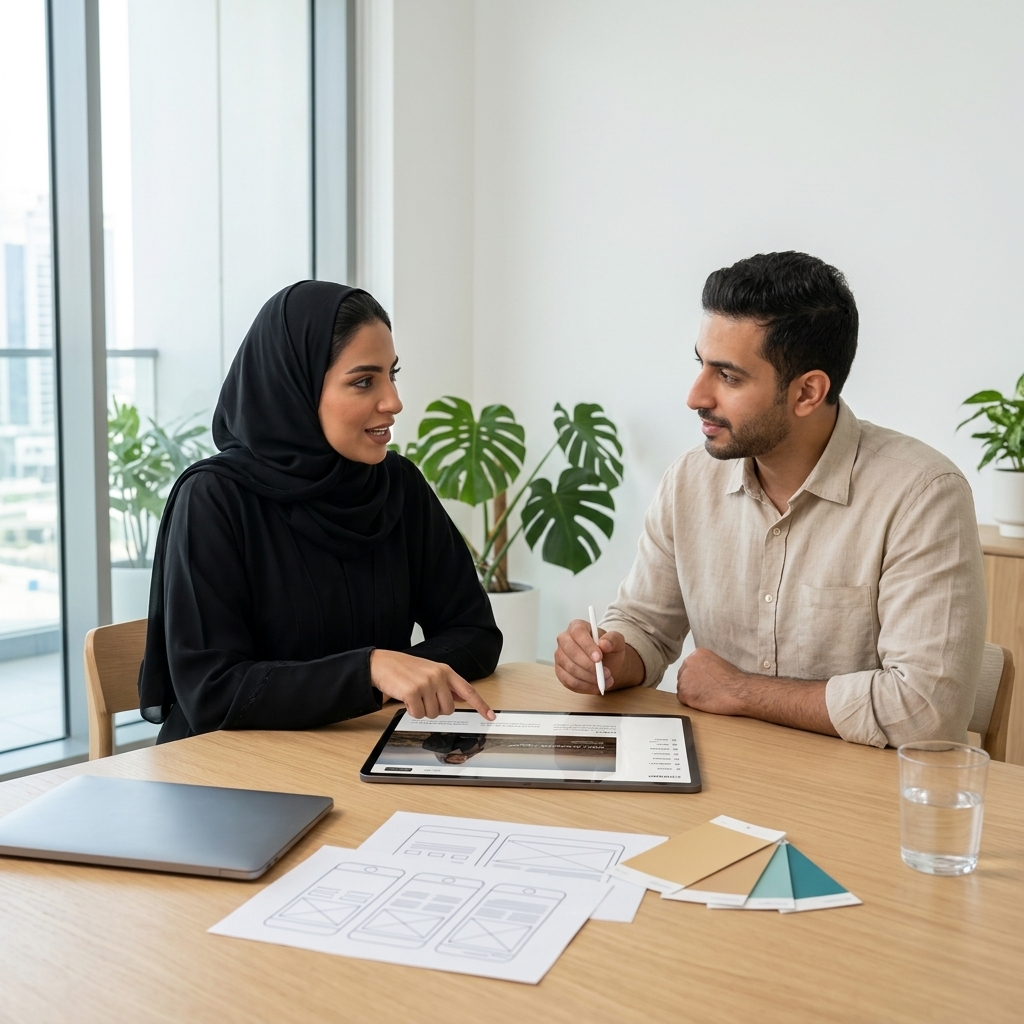 Web designer and a Gulf businesswoman reviewing a right-to-left Arabic website design on a tablet during a consultation in a bright design studio