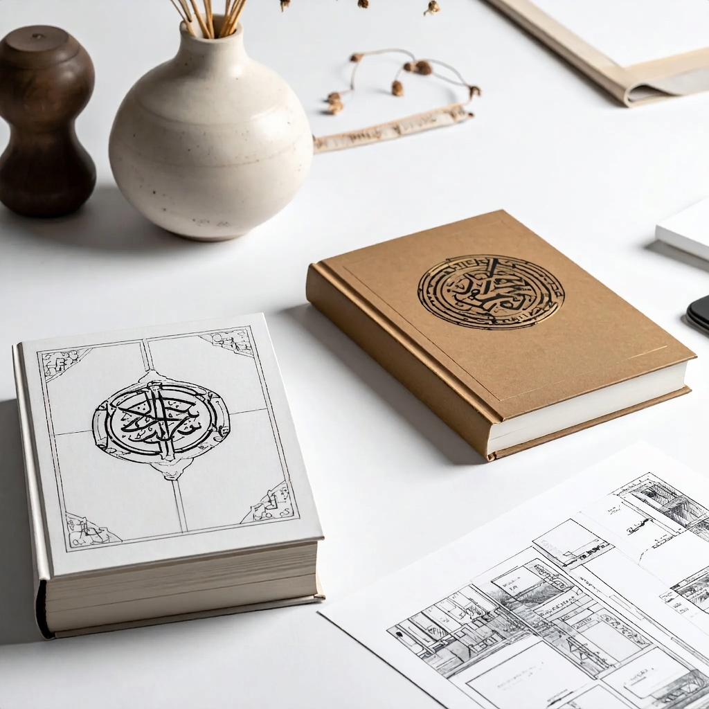Two hardback books with Arabic calligraphy emblems on their covers beside architectural drawings on a minimalist white desk
