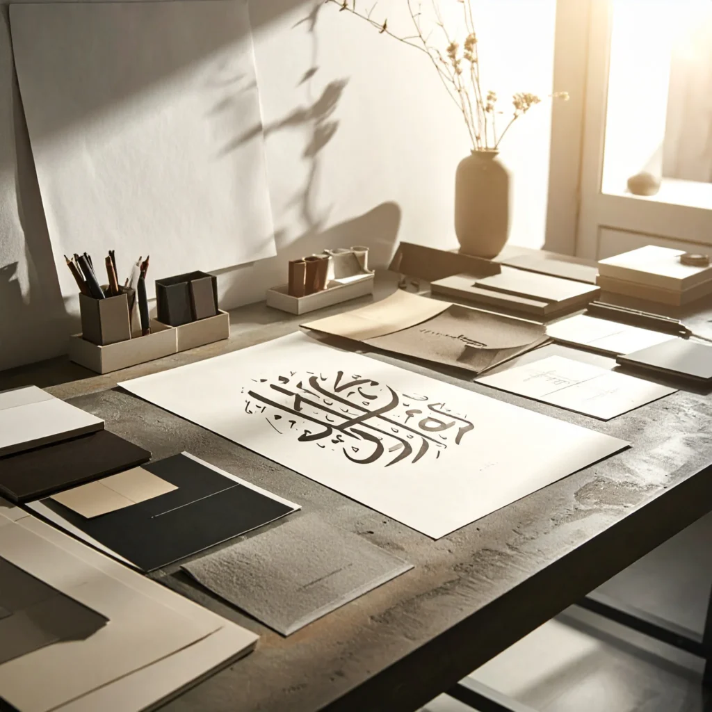 Sunlit designer's desk with Arabic calligraphy artwork on white paper, surrounded by paper samples and stationery