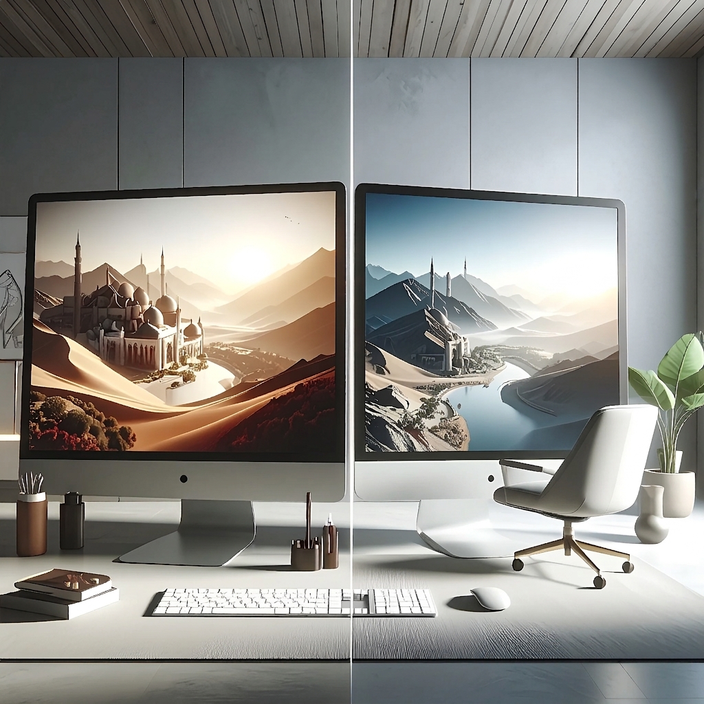 Two desktop monitors side by side showing the same desert landscape website design in warm and cool versions