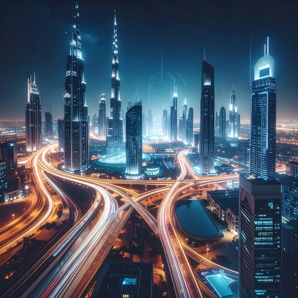 Dubai skyline at night with illuminated skyscrapers and light trails across busy highway interchanges