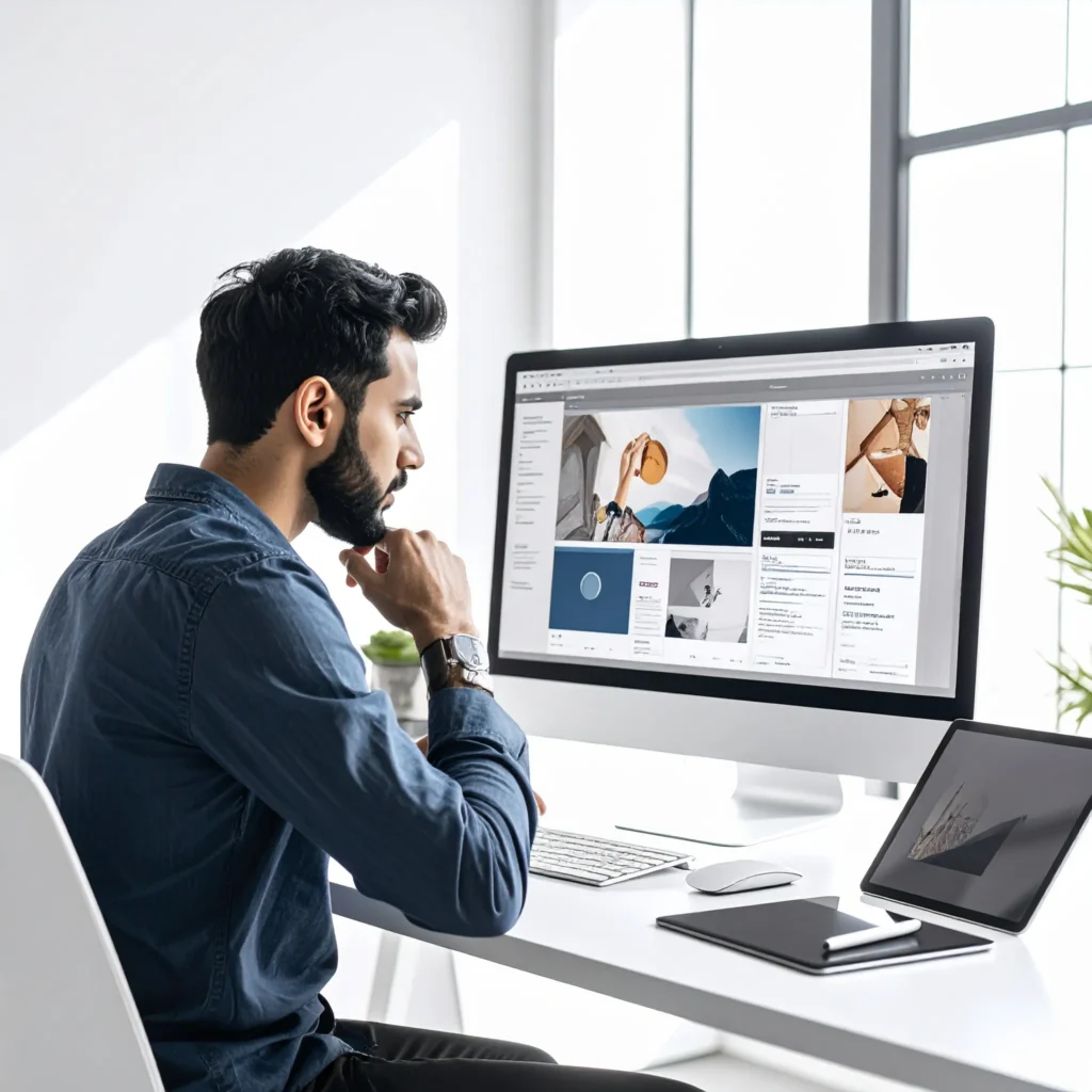 Designer reviewing a website layout on a desktop monitor in a bright, modern studio