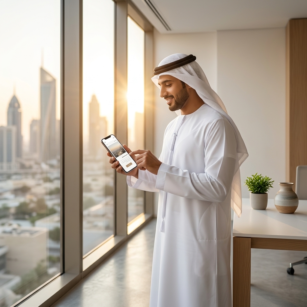 Businessman in a white kandura viewing a right-to-left Arabic website on his smartphone in a sunlit office overlooking a Gulf city skyline