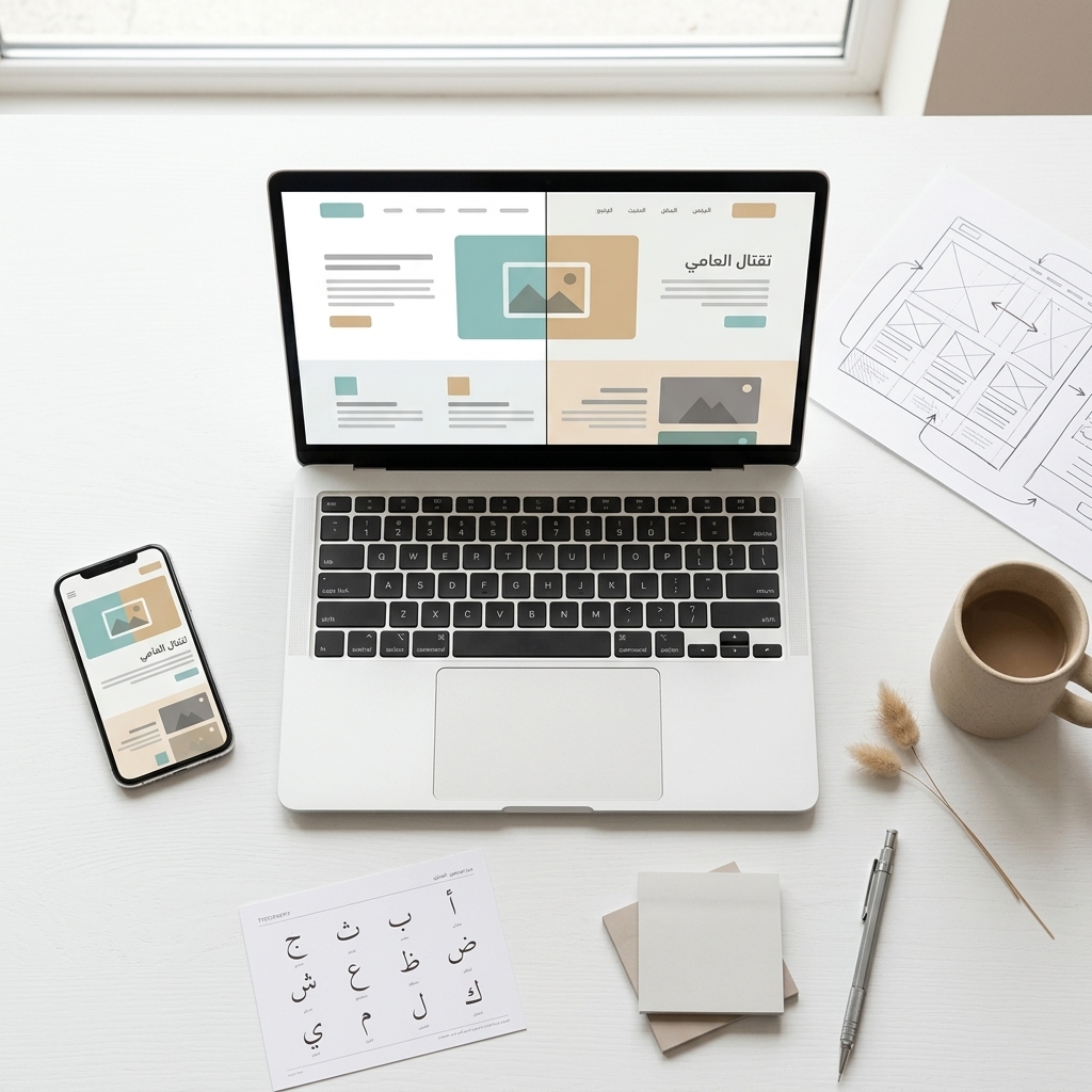 verhead view of a laptop showing an English and Arabic bilingual website side by side, with a smartphone, Arabic type specimen and wireframe sketches