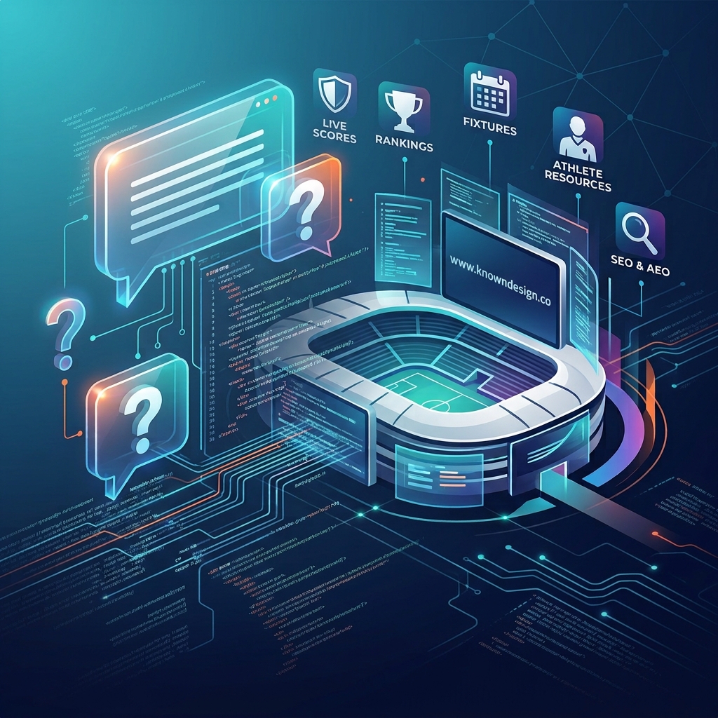 An isometric digital illustration of a connected sports ecosystem, showing a stadium linked to data screens with icons for Live Scores, Rankings, Fixtures, Athlete Resources, and SEO.